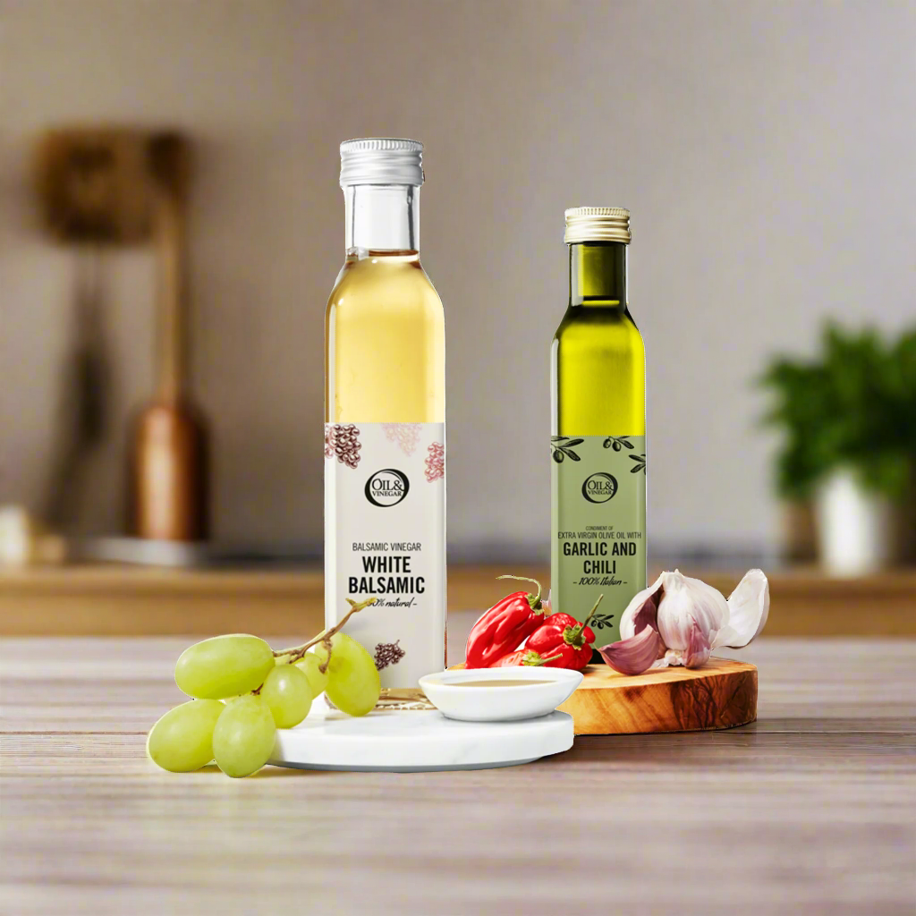 Duo aus weißem Balsamico und Knoblauch-Chili – 2x250 ml Duo aus weißem Balsamico und Knoblauch-Chili – 2x250 ml