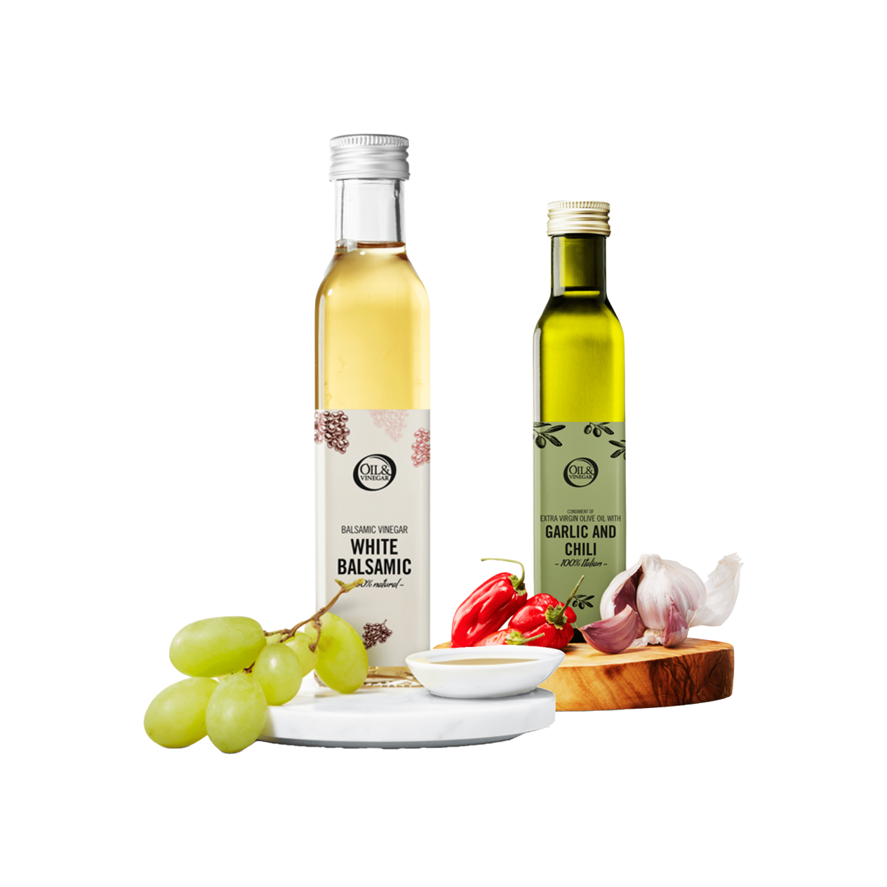Duo aus weißem Balsamico und Knoblauch-Chili – 2x250 ml